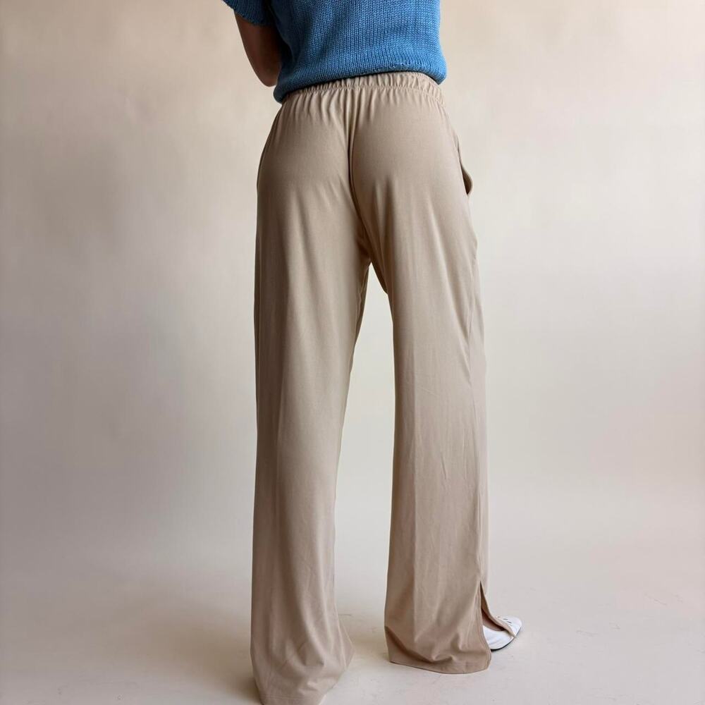 Tan Wide Leg Lounge Pants - Drawstring Waist, Ankle Slits, Size XS - Picture 3 of 6